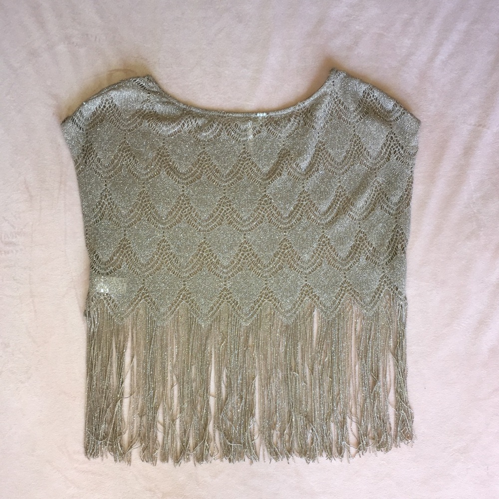 Kirra Metallic Gold Fringe Shimmer Boho Festival Evening Knit Top, Size M - Picture 2 of 5